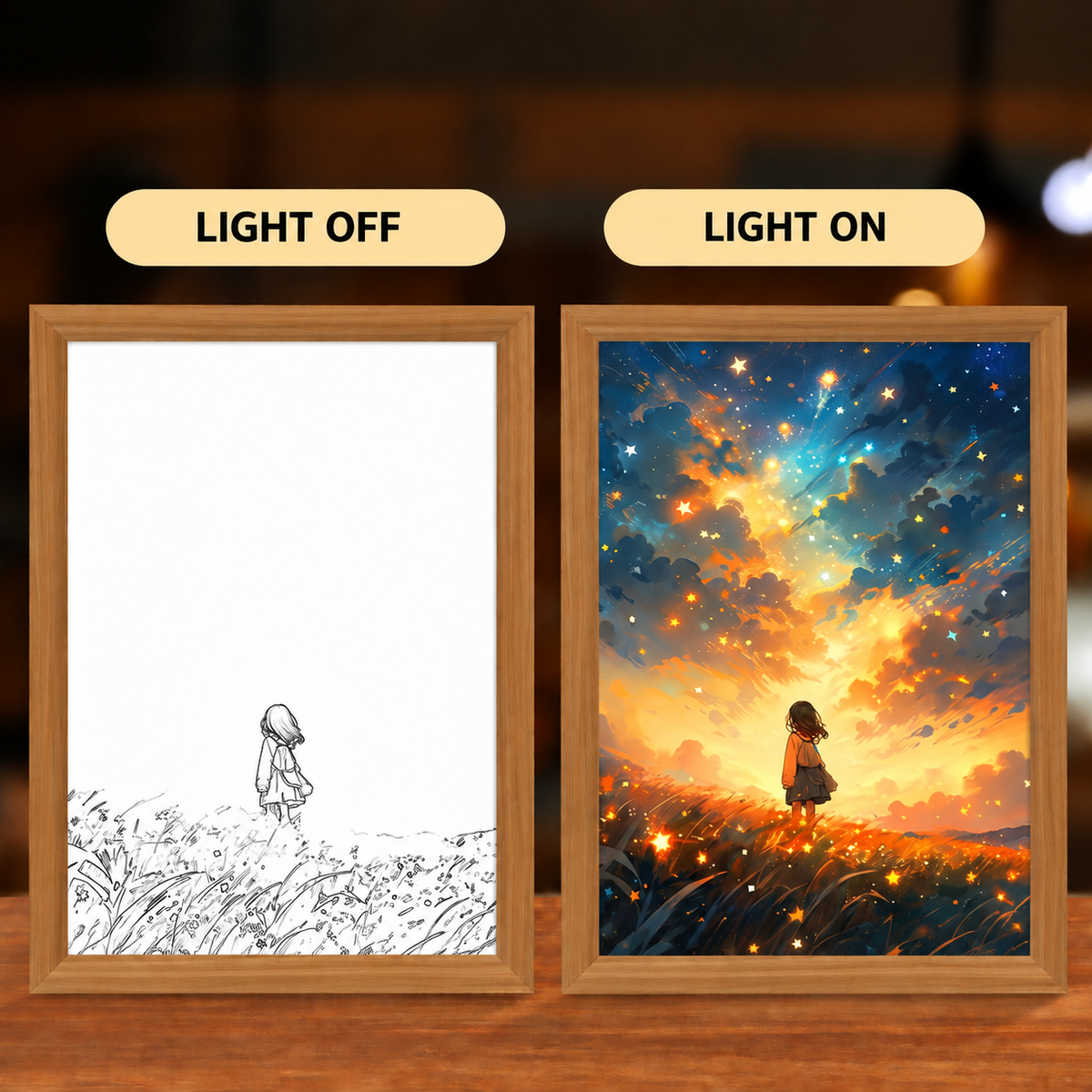 Stardust Dreams illuminated art — light off and light on comparison