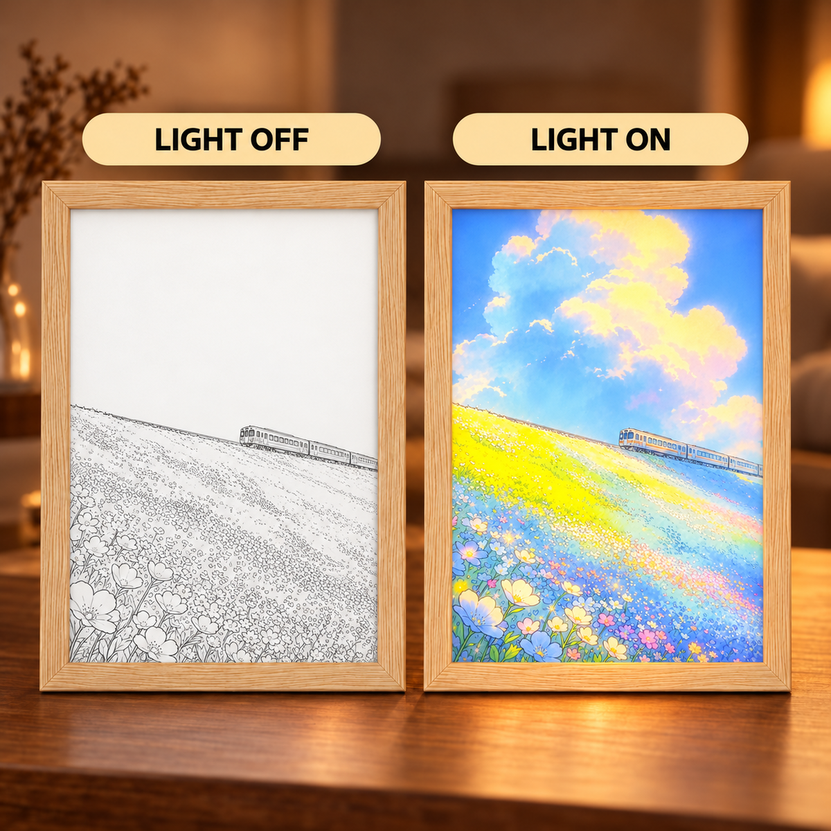 Summer Sky Journey illuminated anime landscape — light off line drawing and light on train, flower field and blue sky