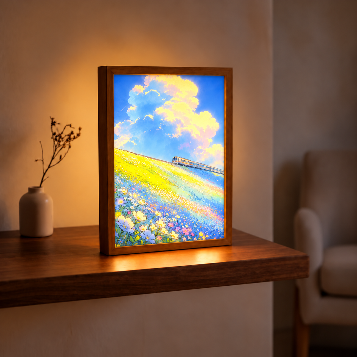 Summer Sky Journey illuminated train and flower field artwork displayed on a wooden shelf