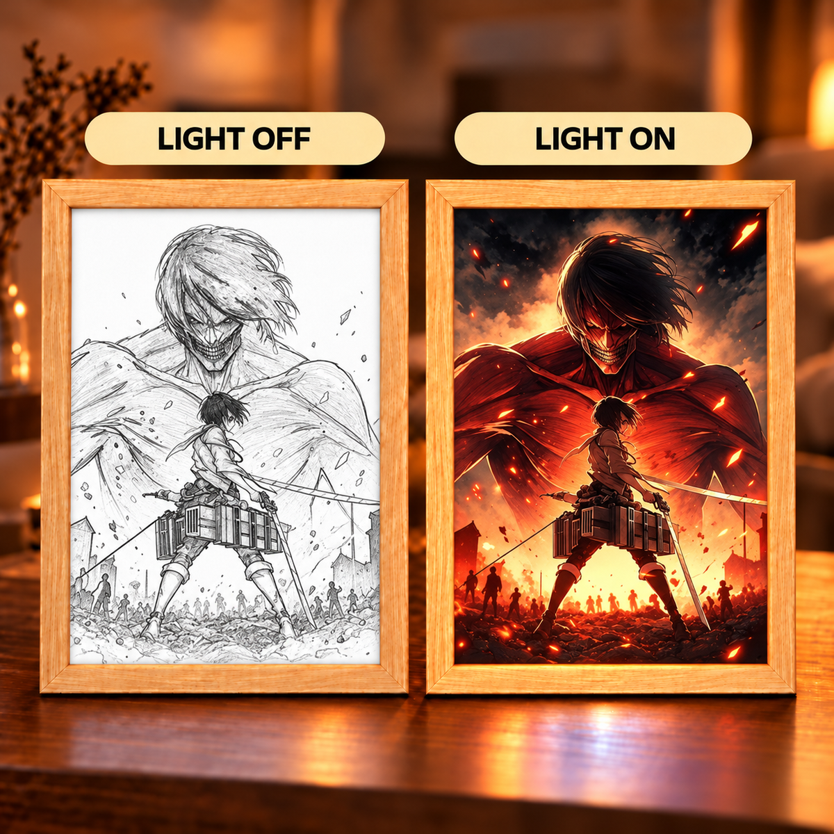 Titan Awakening illuminated art — matching light-off monochrome line art and light-on fiery titan and sword-wielding soldier in wooden frames