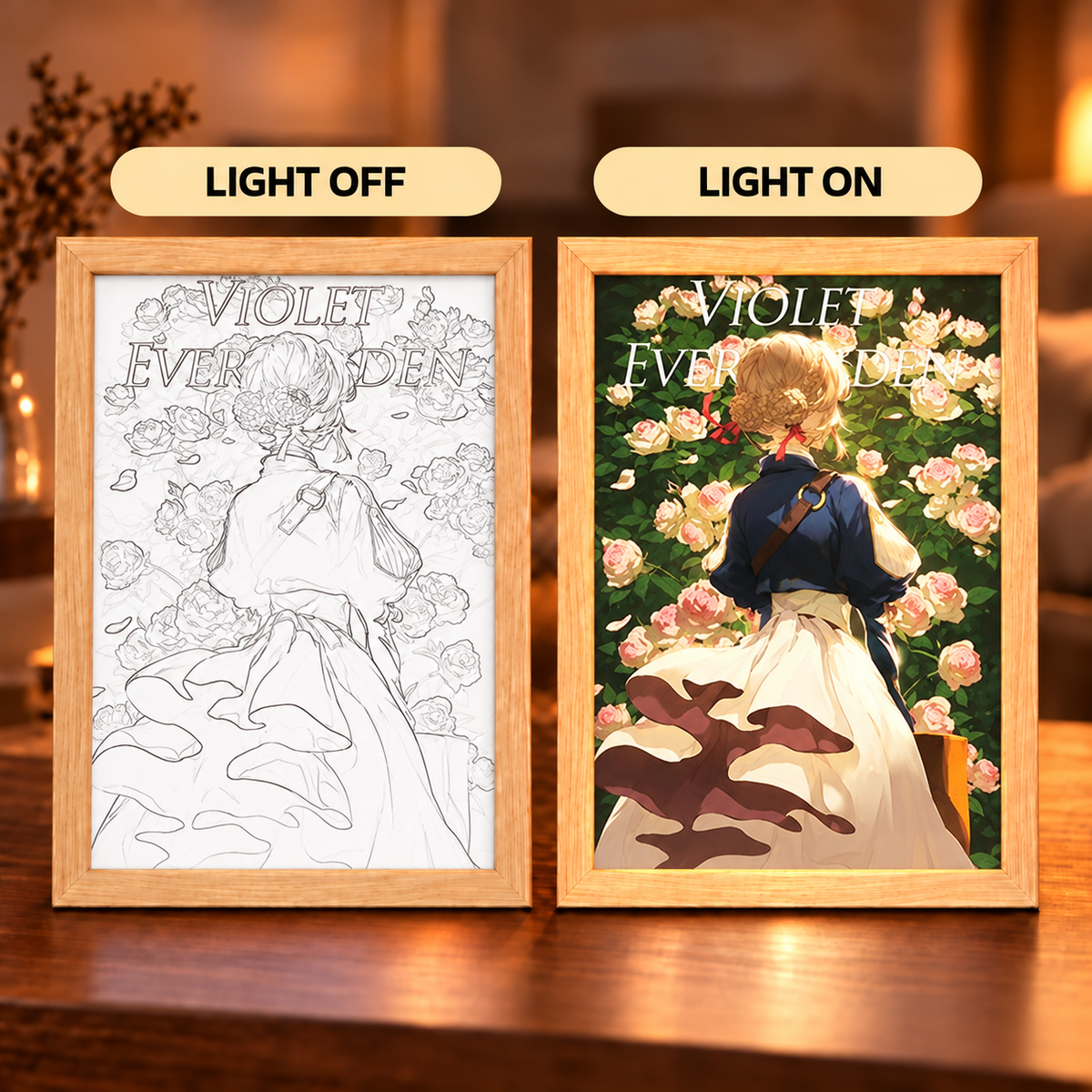 Violet in Bloom illuminated anime art — light off and light on comparison