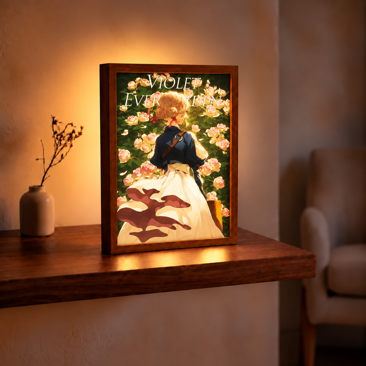 Violet in Bloom illuminated anime artwork displayed on a wooden shelf with warm light