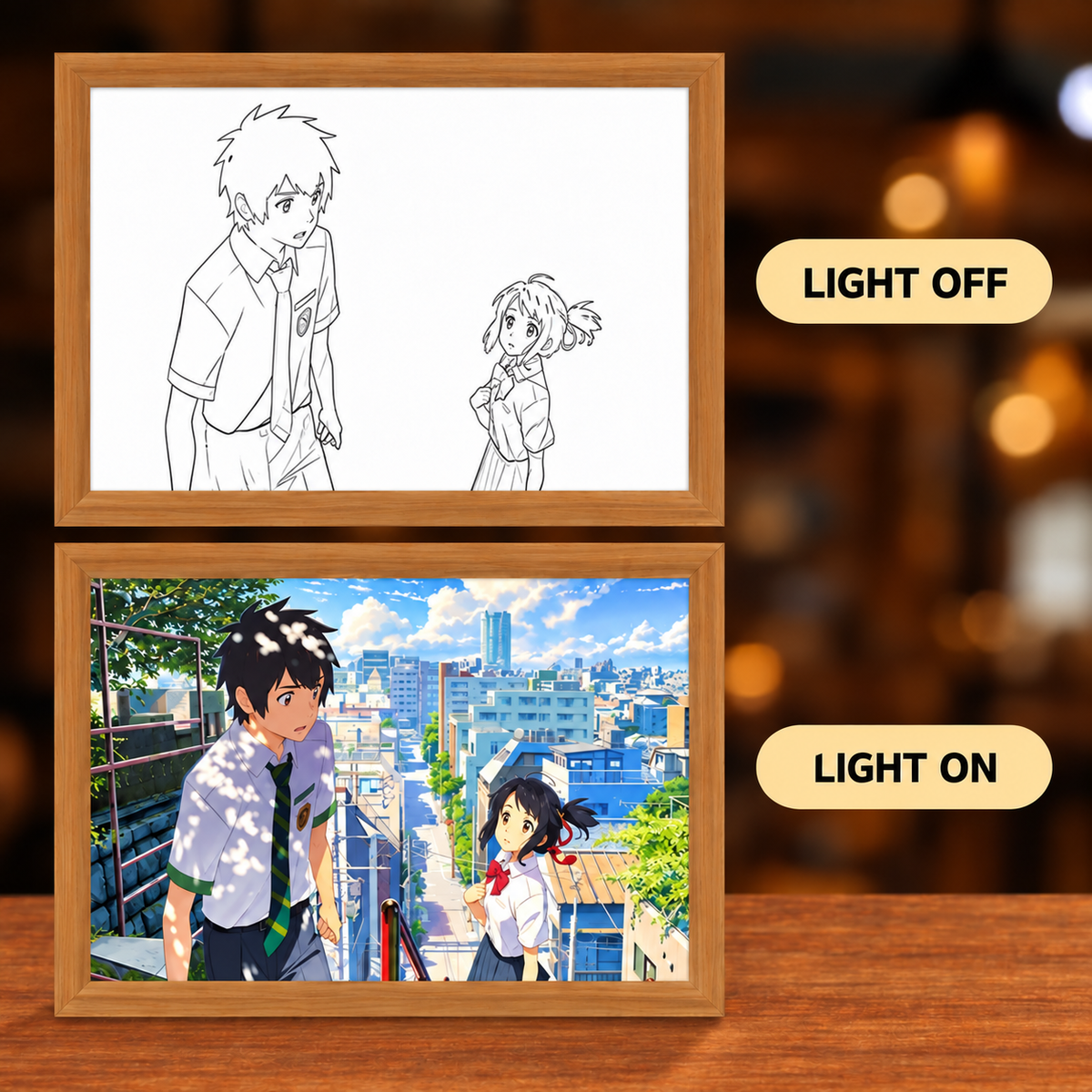 When Our Paths Meet landscape illuminated art — light off and light on comparison