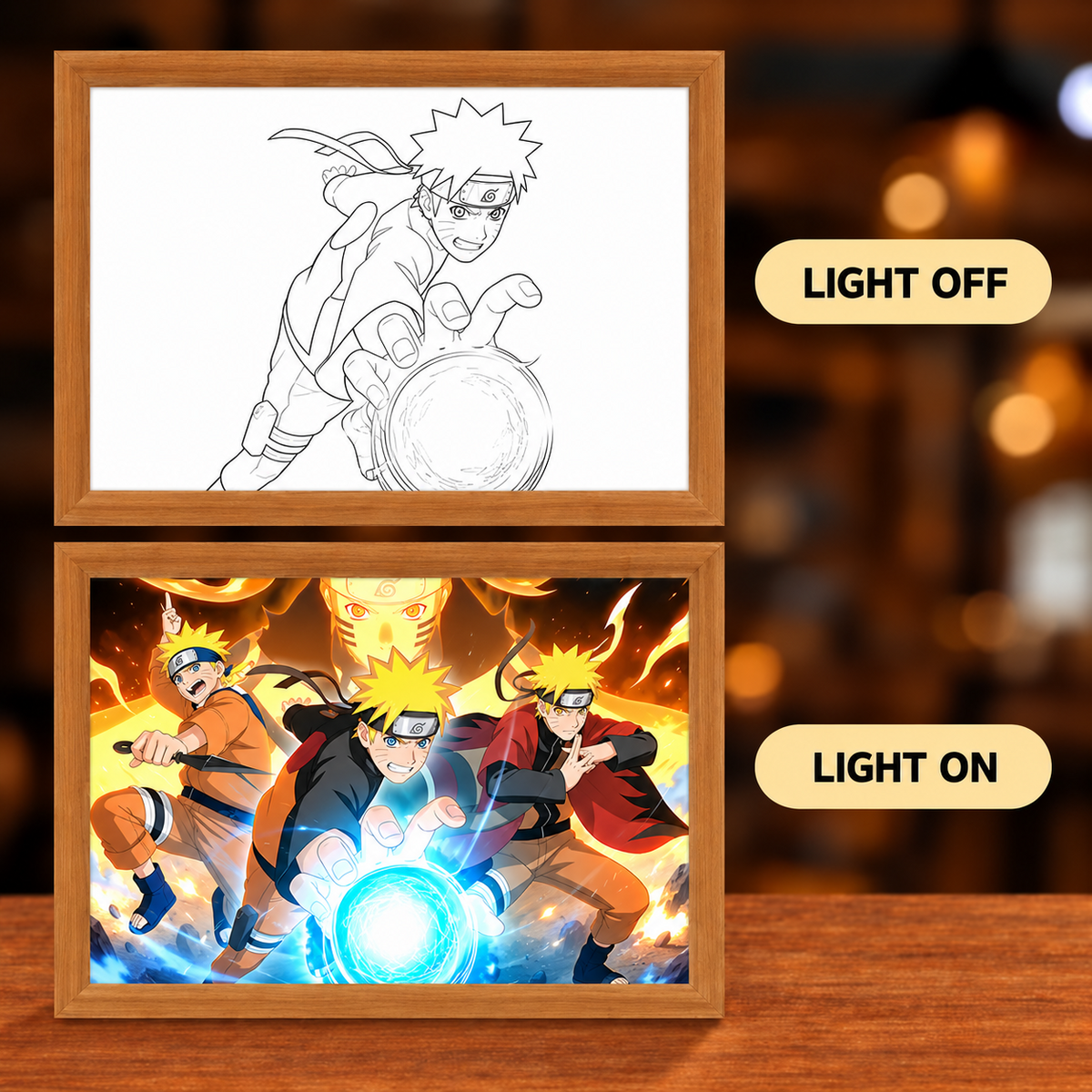 Will of Fire illuminated art shown with light off and light on