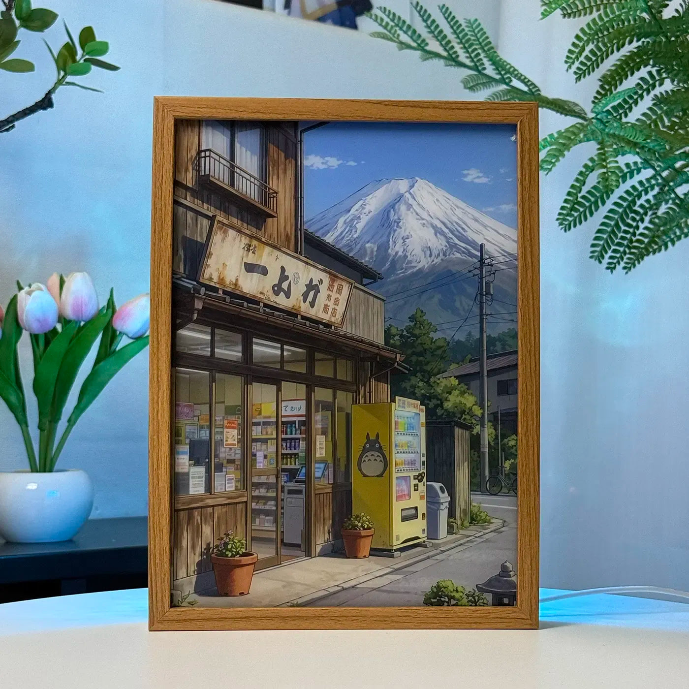 Mt. Fuji street scene in a wooden illuminated art frame with the light off